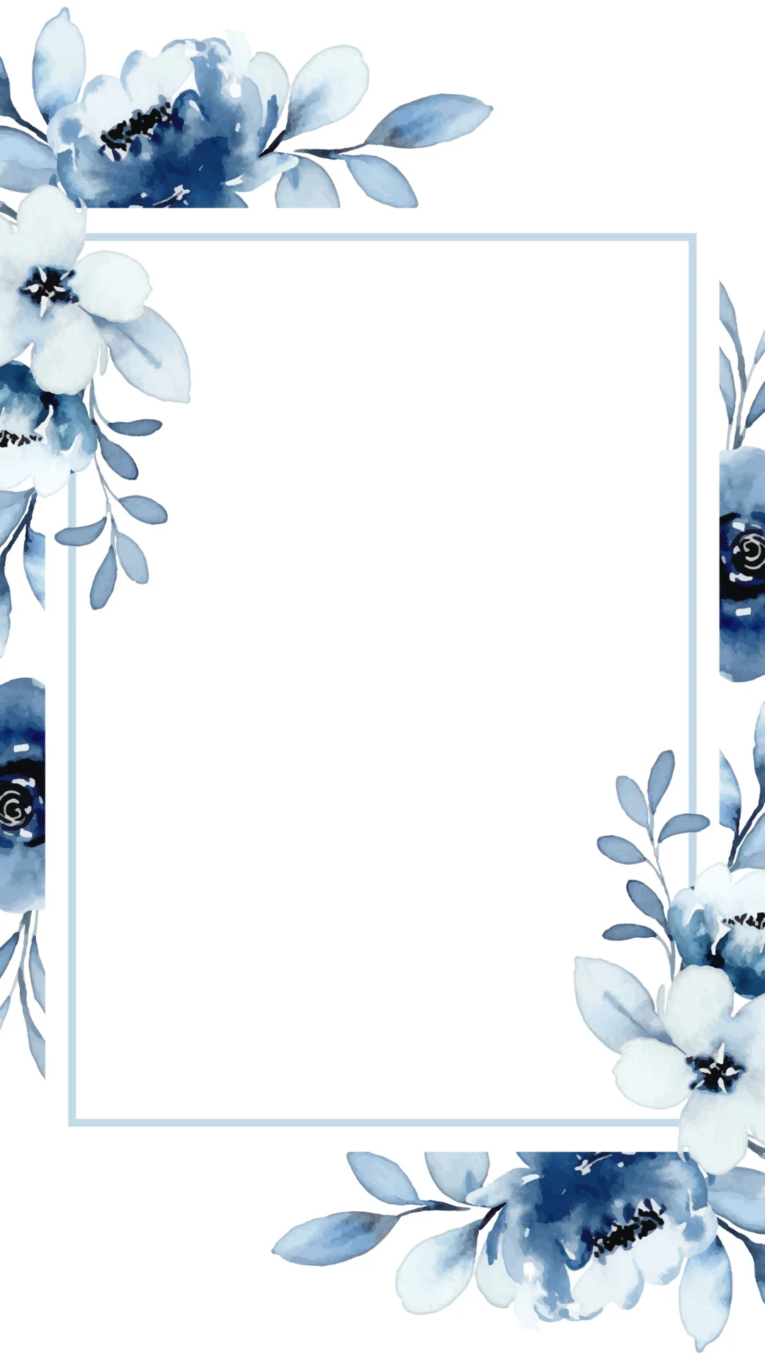 Invito di matrimonio con fiori d'acquerello blu e cornice azzurra